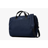 Bellroy Via Work Bag in navy color showing sleek leather design with multiple compartments and adjustable shoulder strap.