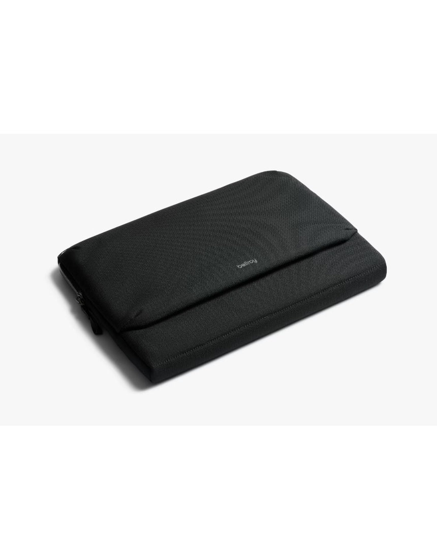 Black Bellroy Laptop Caddy for 14-inch laptops, featuring organized compartments and sleek design.
