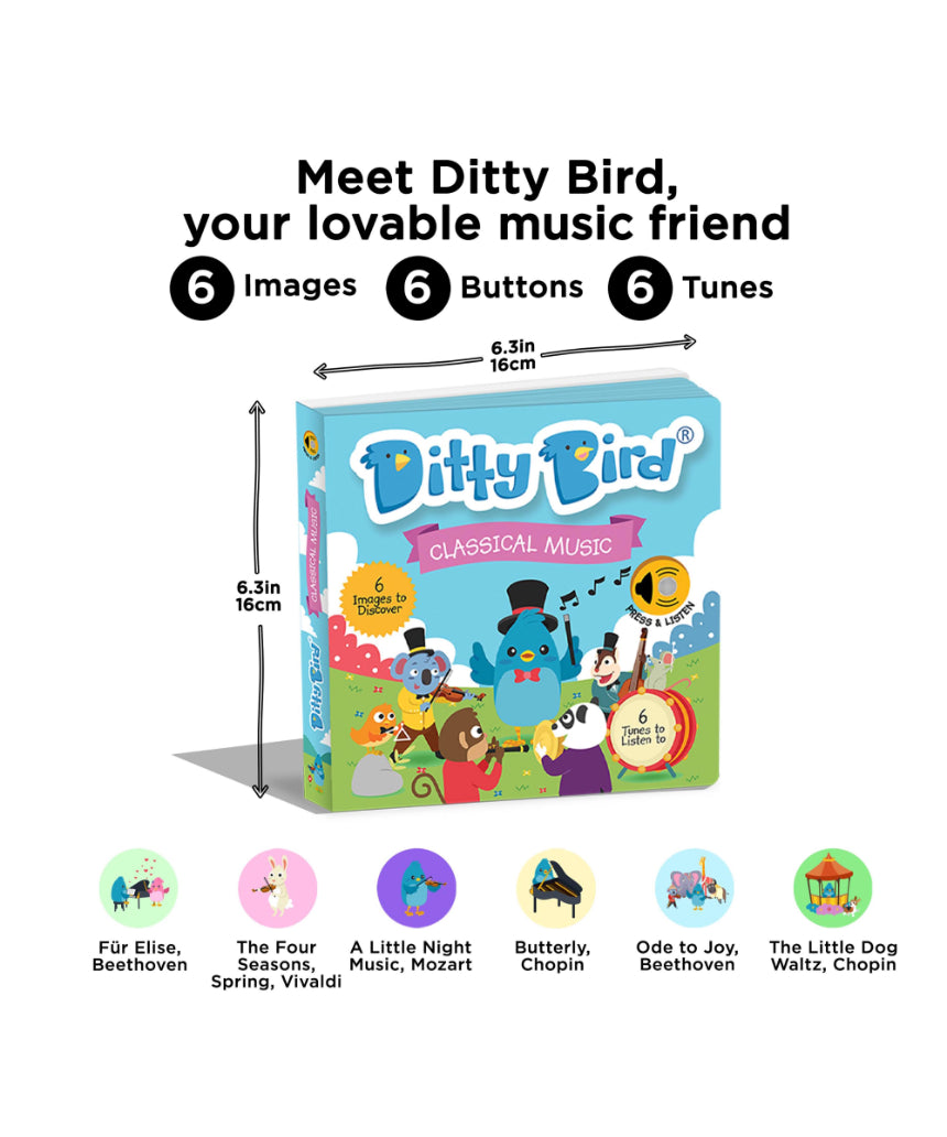 isAlbi Ditty Bird Classical Music toy featuring a plush bird with a musical instrument and a music note design.