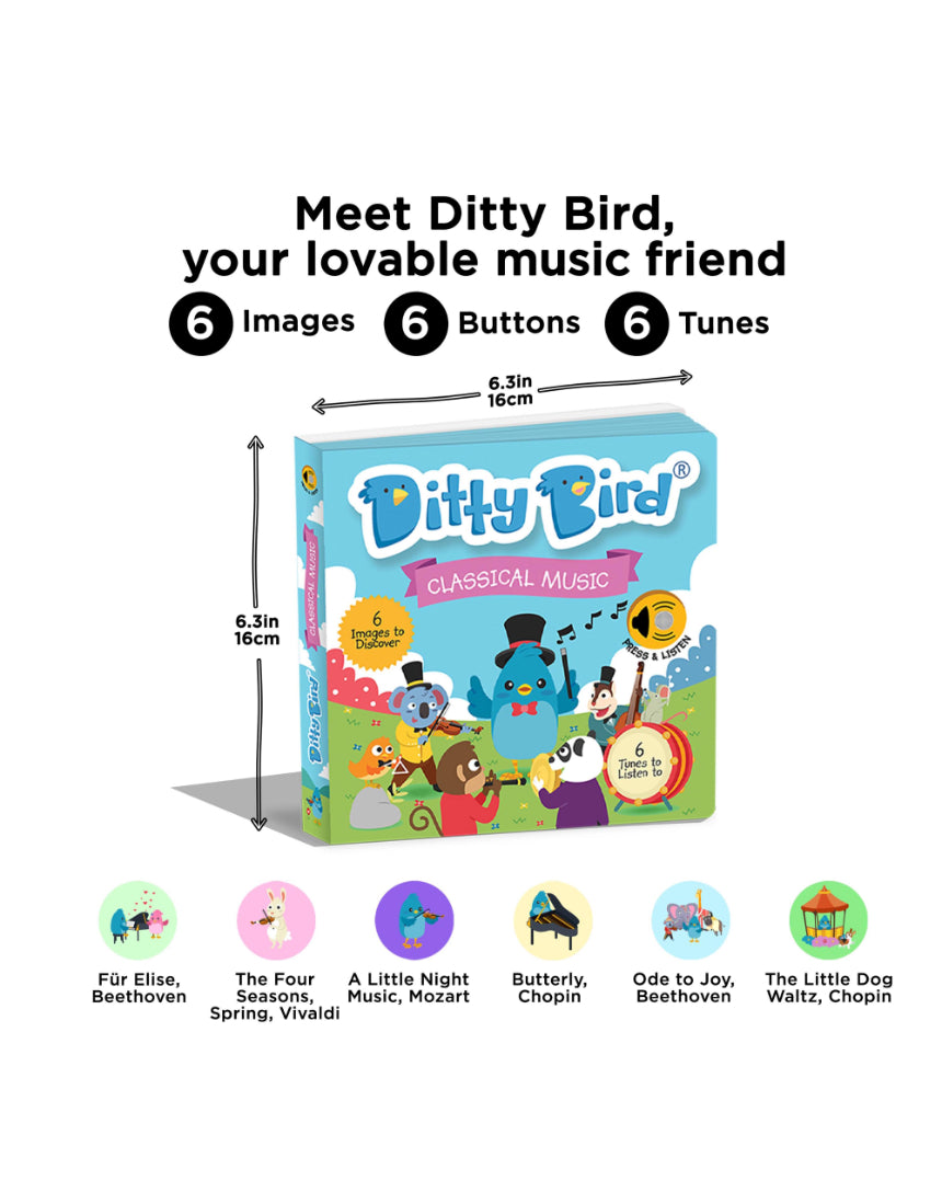 isAlbi Ditty Bird Classical Music toy featuring a plush bird with a musical instrument and a music note design.