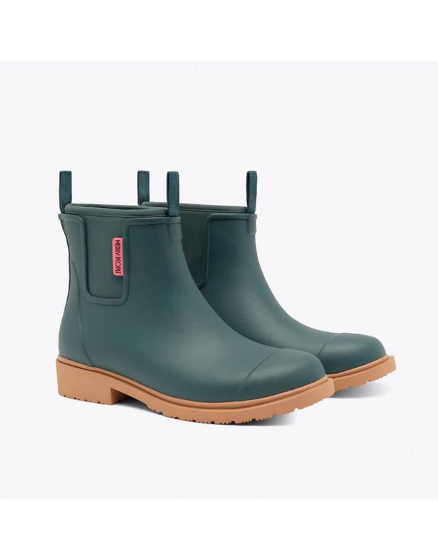 Merry People Bobbi Gumboot in teal, stylish waterproof rubber boots with a textured sole and adjustable pull tabs.