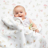 Living Textiles Jersey Sherpa Pram Blanket with whimsical Wonderland print, soft jersey fabric and cozy sherpa lining for babies.