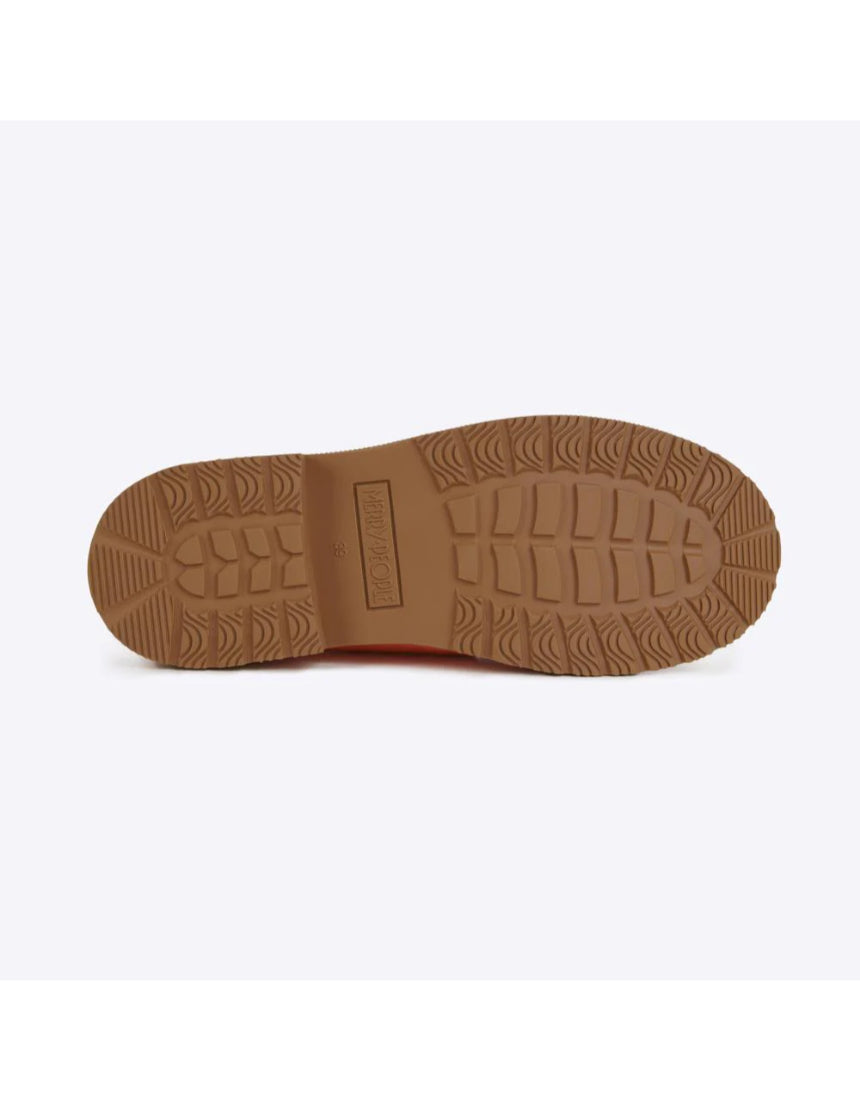 Orange Merry People Bobbi gumboots with textured sole and vibrant Sherbet Orange color, ideal for rainy weather.