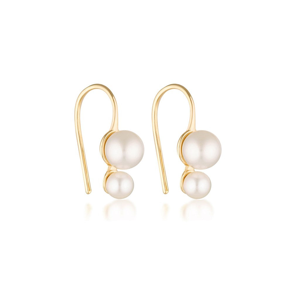 Linda Tahija double pearl drop earrings featuring elegant hook design, perfect for sophisticated style and evening wear.