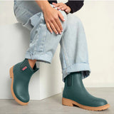 Merry People Bobbi Gumboots in teal worn by a model, stylish waterproof rubber boots for rainy weather.