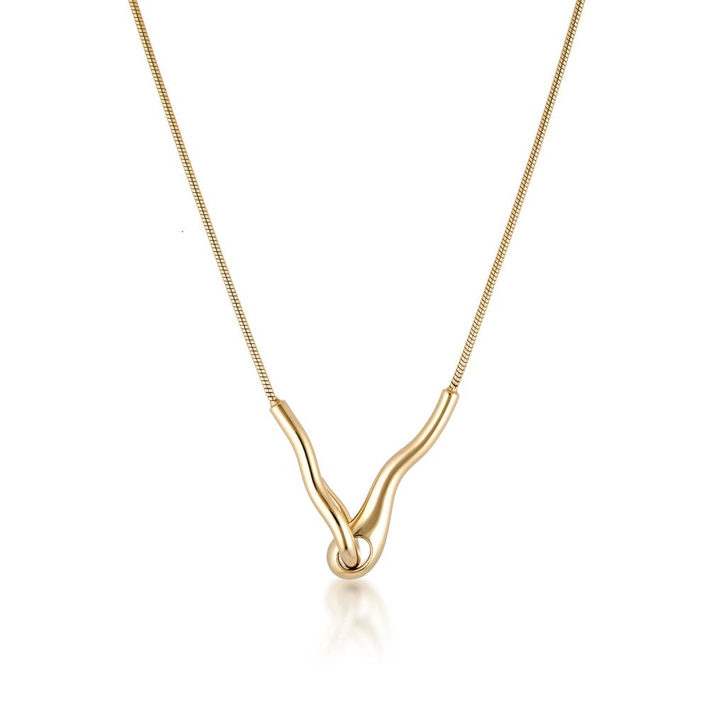 Linda Tahija Ripple Necklace featuring a sleek, modern silver necklace design with smooth, flowing curves on a white background.