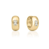 Linda Tahija Rocco Huggie Earrings with lab-grown sapphire stones, gold-plated hoop earrings for elegant style.