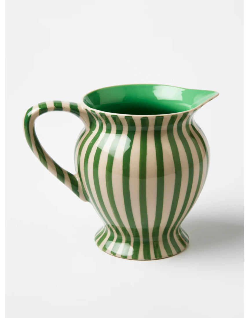 Jones & Co green striped pitcher vase with a smooth ceramic finish and classic cylindrical shape.