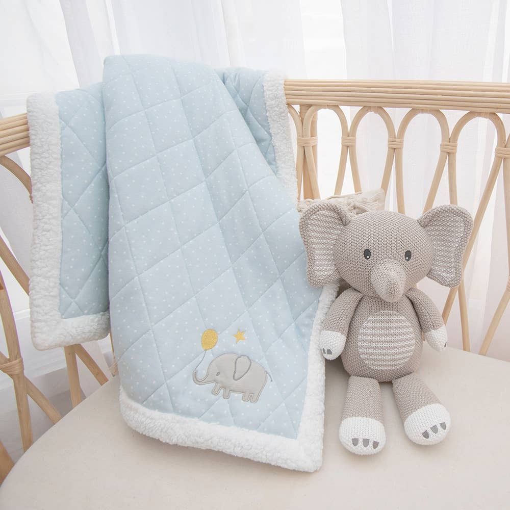 Living Textiles Mason the Elephant knitted toy with soft gray yarn and embroidered details, perfect for cuddling and play.