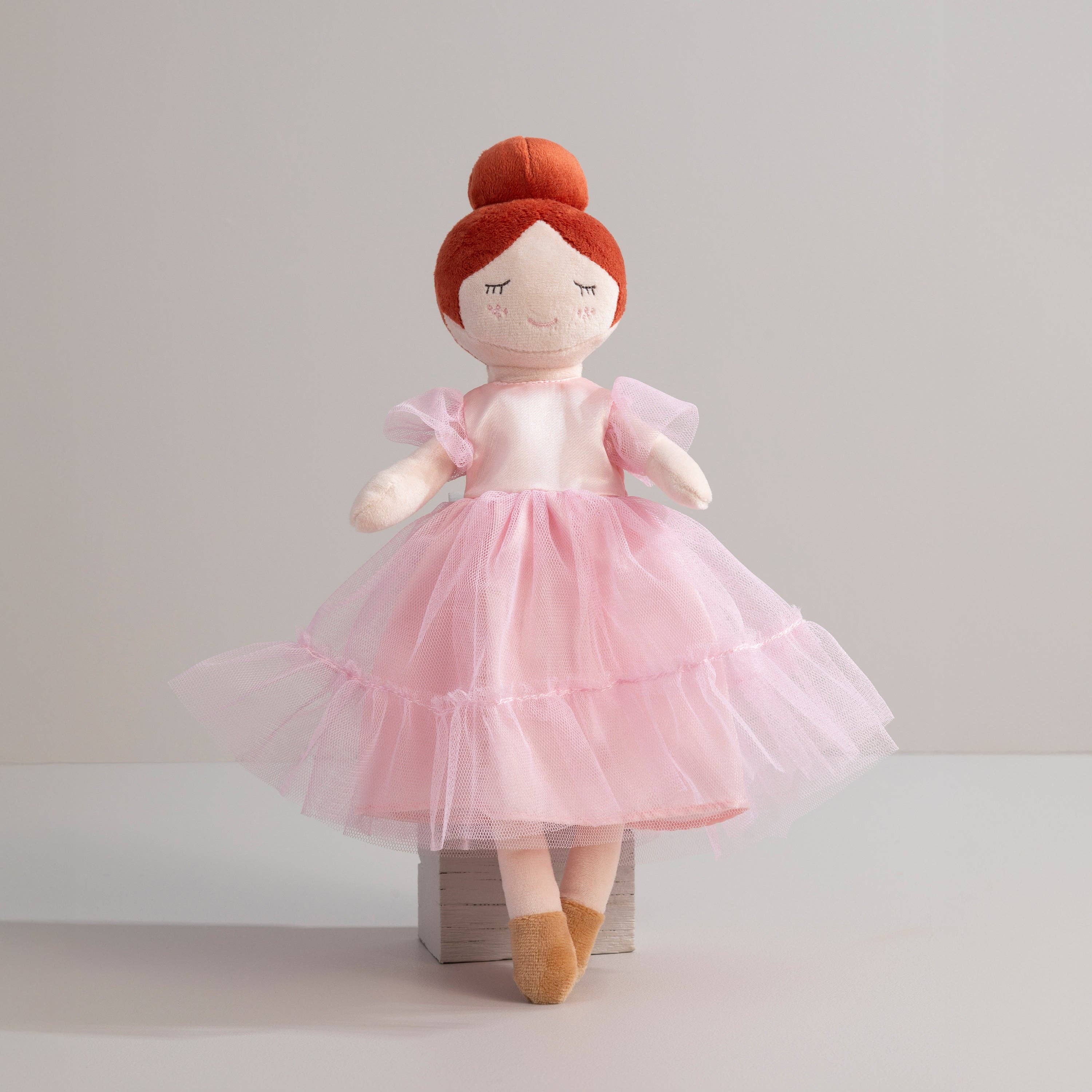 Living Textiles Princess Doll Zara with detailed pink dress and golden crown, perfect for children's play and imaginative storytelling.