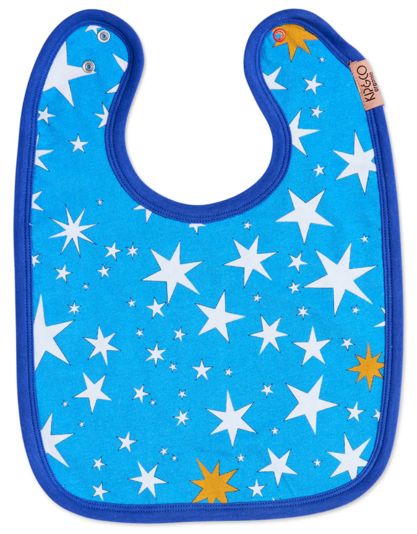 Kip & Co star and moon cotton baby bib with colorful celestial print on soft fabric, designed for infants.