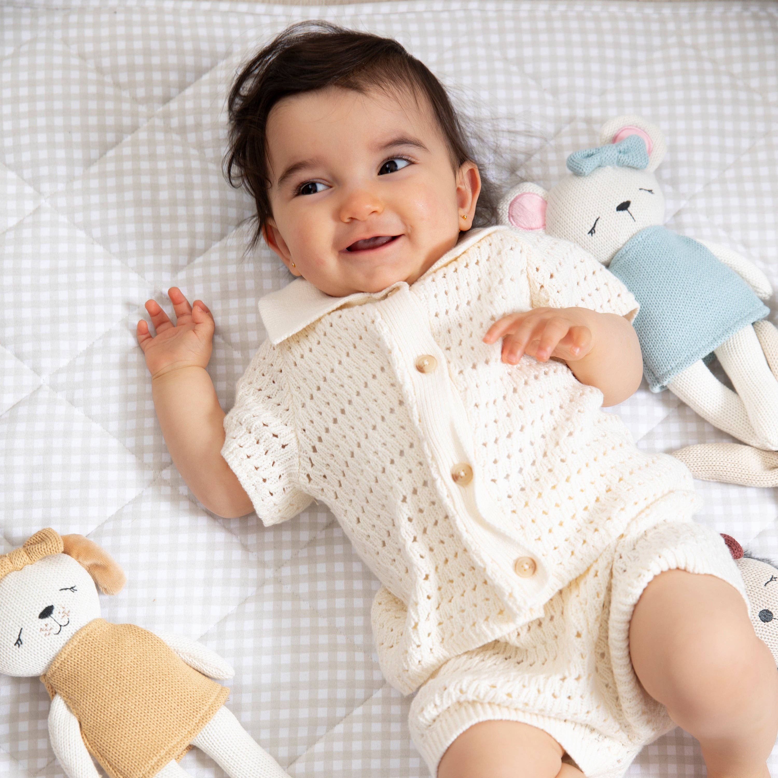 Living Textiles Paula the Puppy knitted animal toy, soft and plush puppy with detailed features, perfect for children.