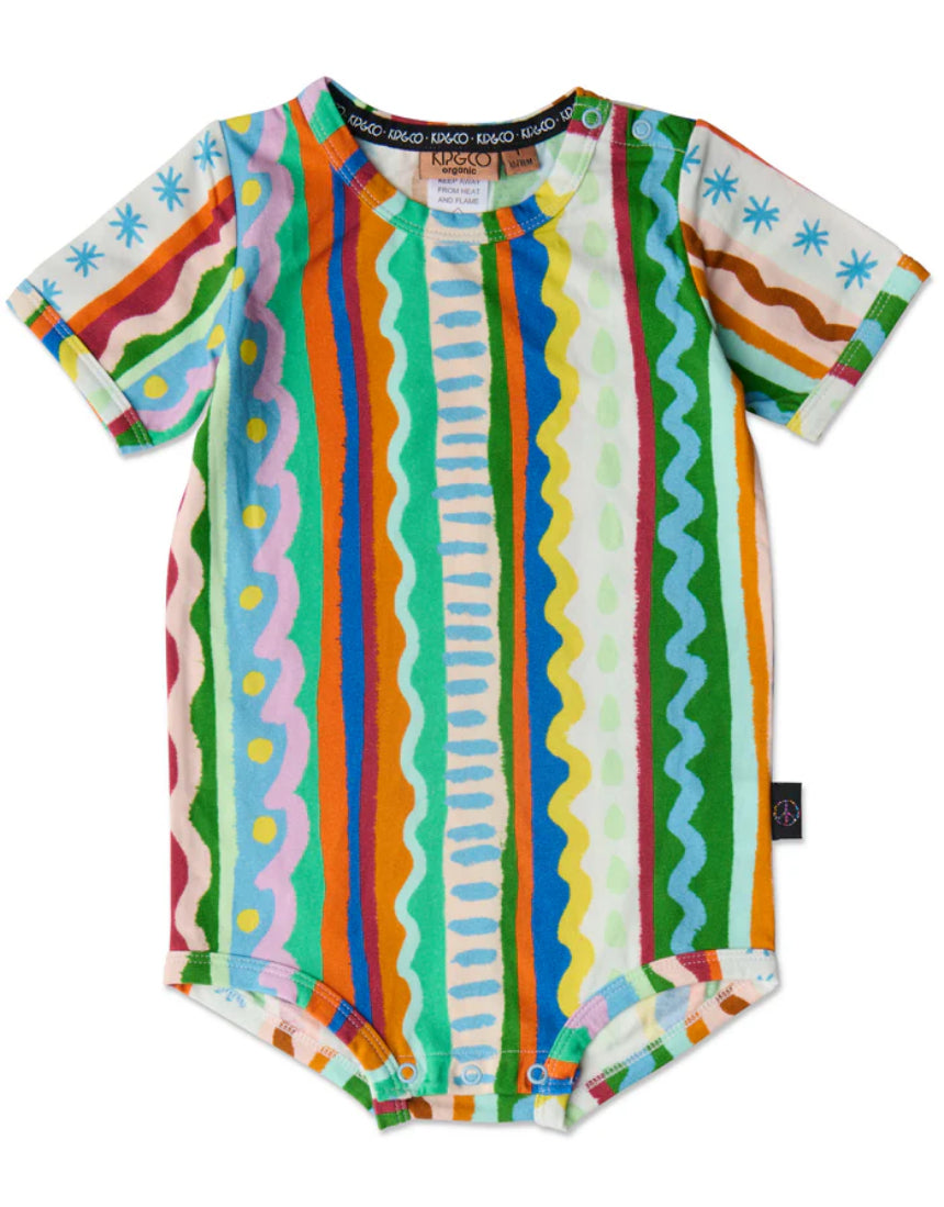 Kip & Co baby clothing beach pattern short sleeve romper with colorful ocean-inspired design and soft fabric for infants.