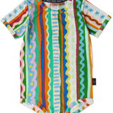 Kip & Co baby clothing beach pattern short sleeve romper with colorful ocean-inspired design and soft fabric for infants.