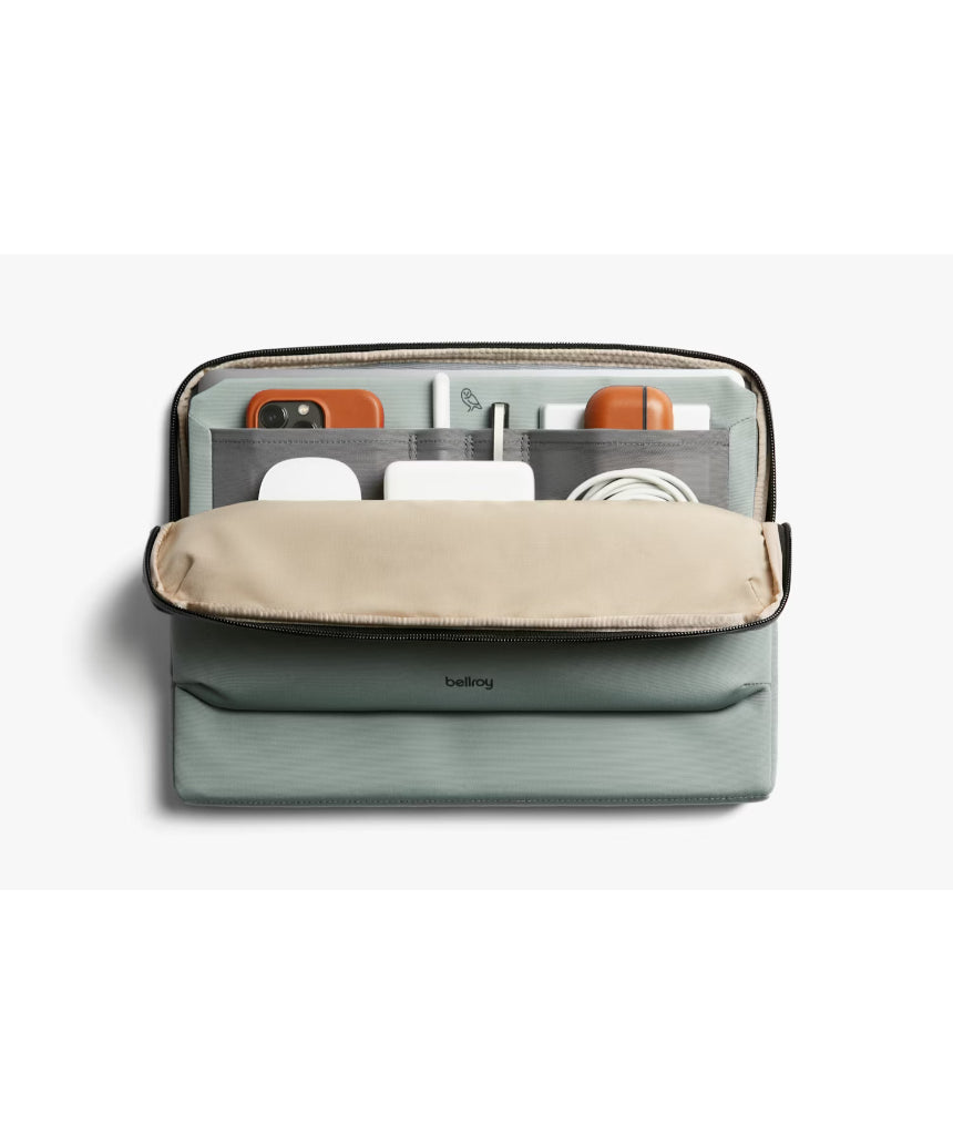 Bellroy 14-inch Laptop Caddy in Eucalyptus color, featuring organized compartments and sleek design for easy carry.