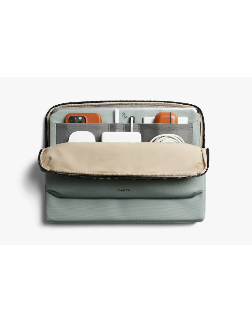 Bellroy 14-inch Laptop Caddy in Eucalyptus color, featuring organized compartments and sleek design for easy carry.