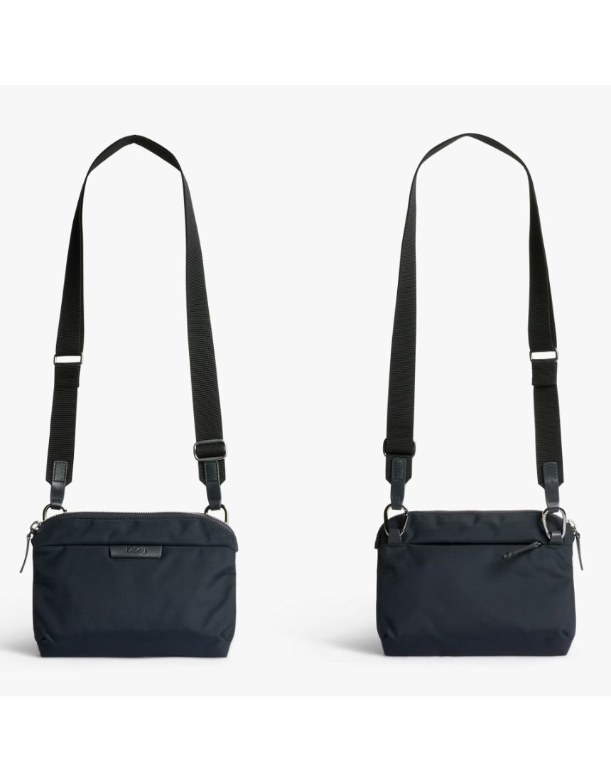 Bellroy Tokyo Side Bag in navy, a stylish crossbody bag with adjustable strap and multiple compartments for everyday use.