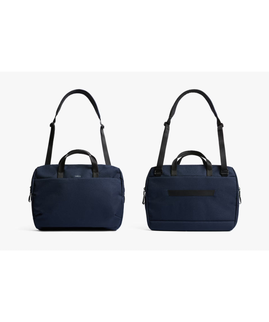 Bellroy Via Work Bag in navy, stylish leather laptop bag with multiple compartments and adjustable shoulder strap.