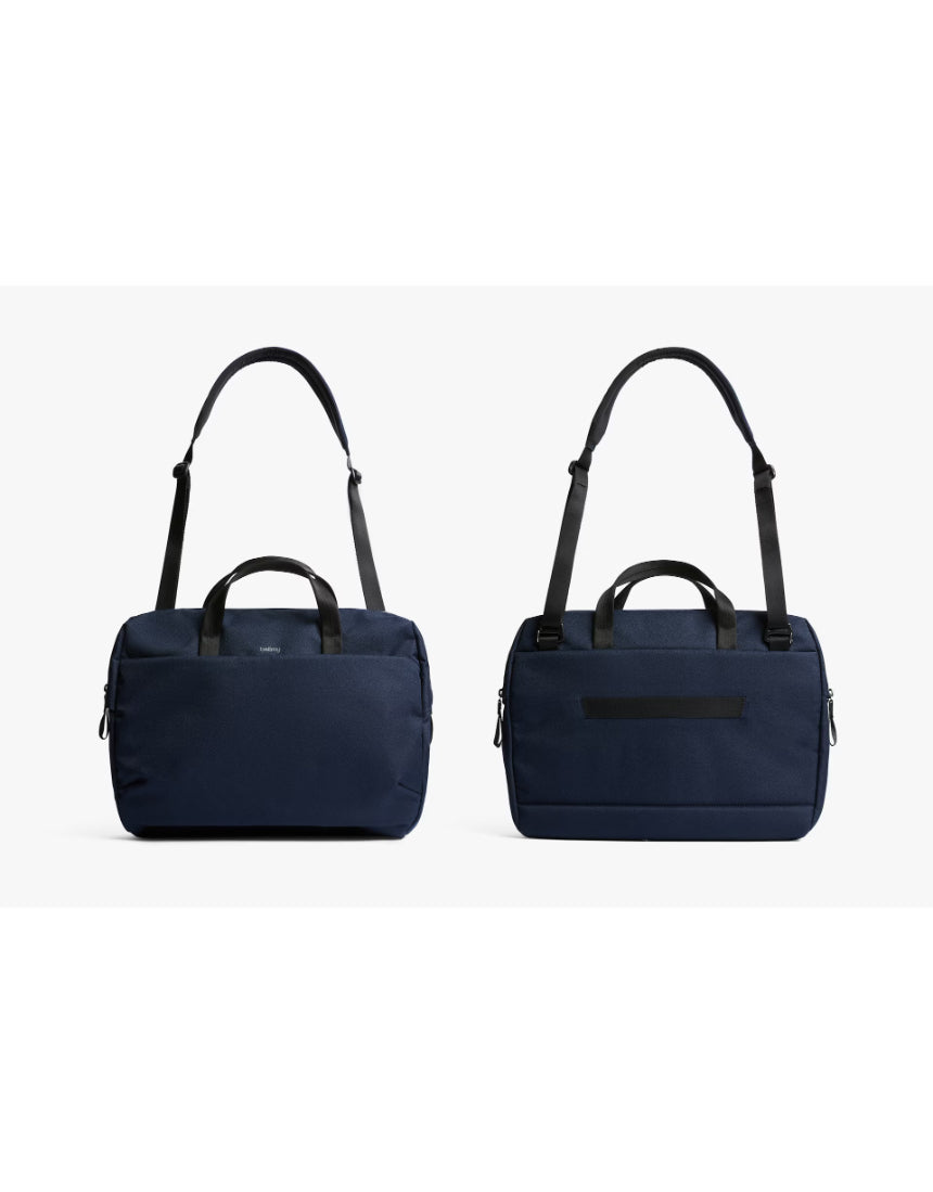 Bellroy Via Work Bag in navy, stylish leather laptop bag with multiple compartments and adjustable shoulder strap.
