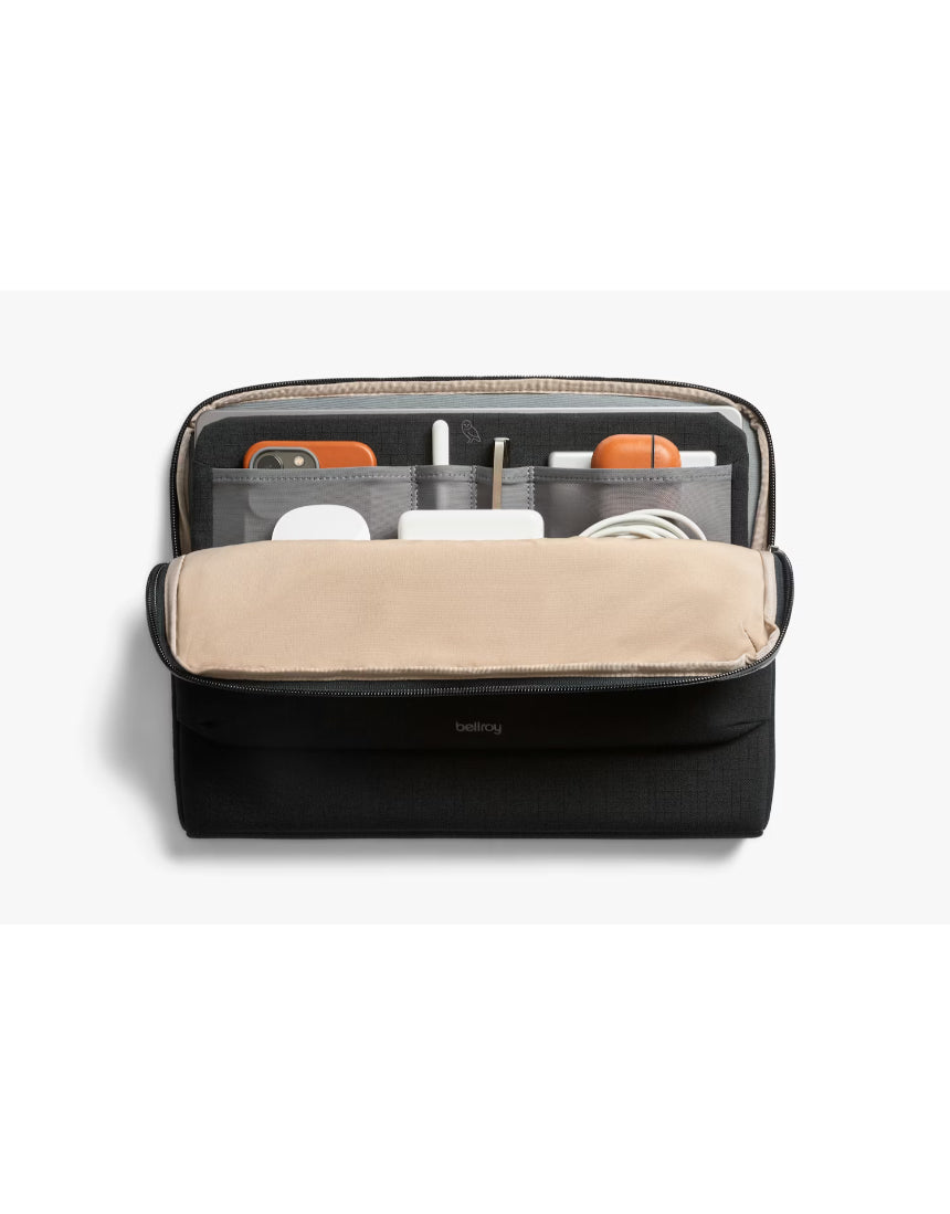 Black Bellroy Laptop Caddy 14-inch with organized compartments for accessories and documents, designed for portable convenience.