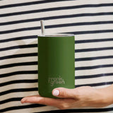 Frank Green iced coffee cup with straw in khaki, reusable stainless steel tumbler with lid and straw for cold beverages.