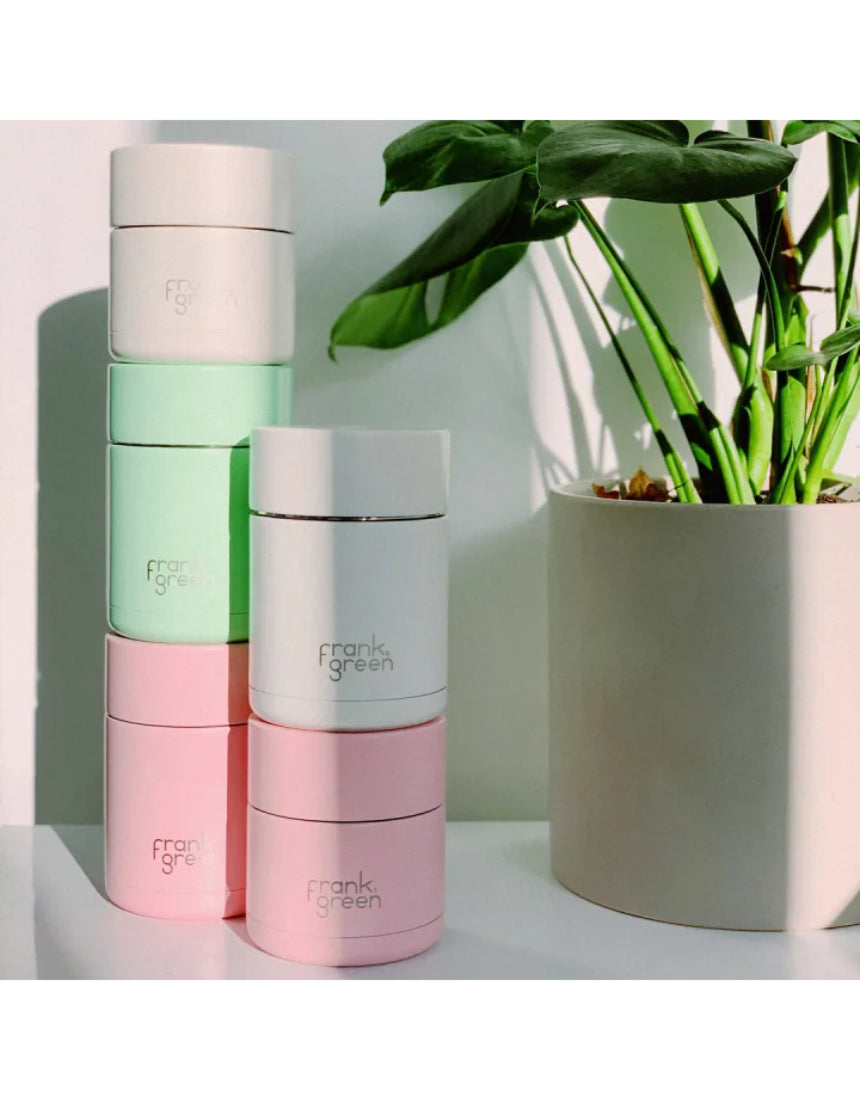 Frank Green insulated food container in 295ml size, stainless steel with a sleek lid, designed for keeping food fresh and hot.