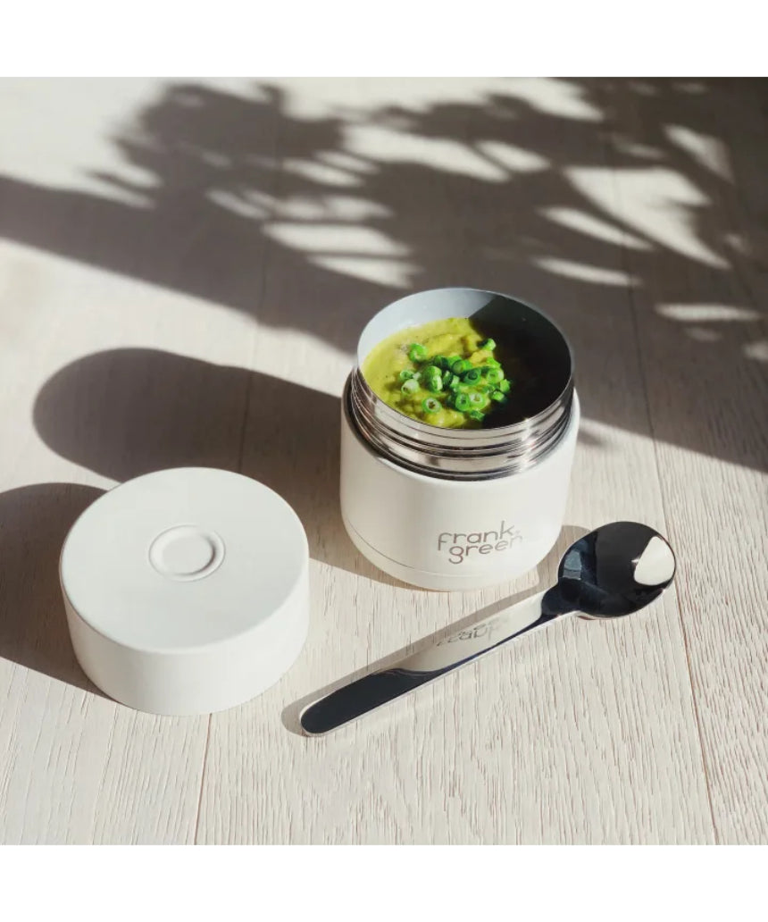 Frank Green insulated food container in 295ml size, stainless steel with a sleek design, suitable for hot or cold meals.