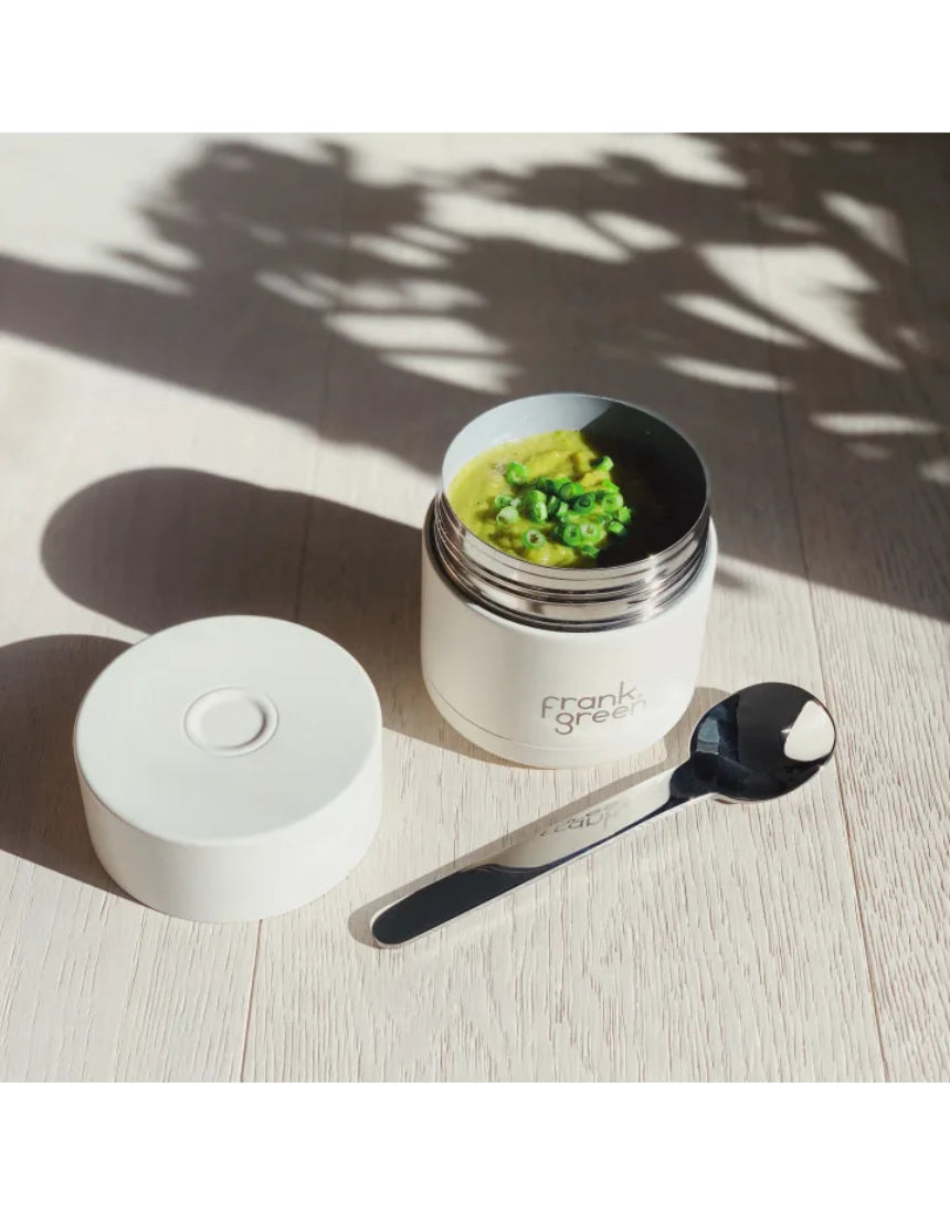 Frank Green insulated food container in 295ml size, stainless steel with a sleek design, suitable for hot or cold meals.