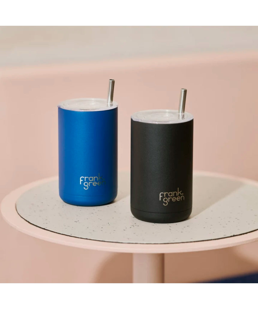 Frank Green iced coffee cup with straw in Deep Ocean color, featuring a sleek design and reusable eco-friendly material.