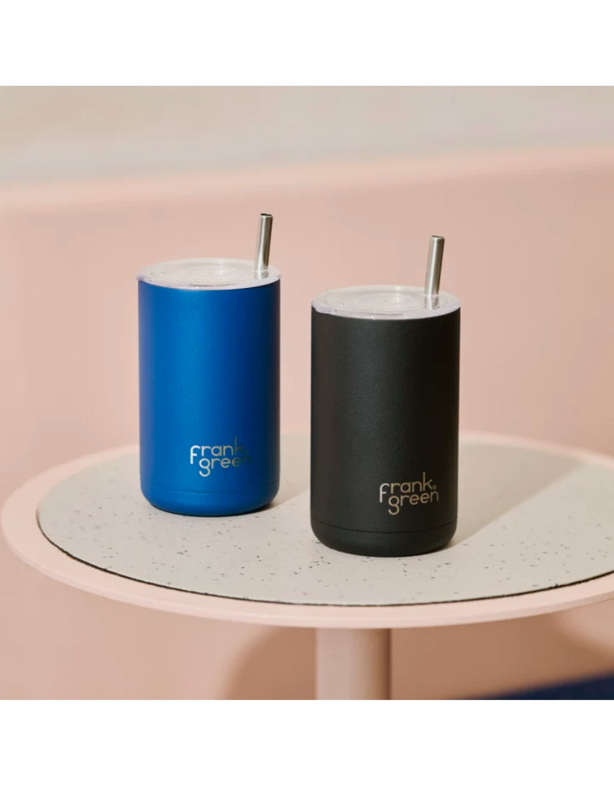 Frank Green iced coffee cup with straw in Deep Ocean color, featuring a sleek design and reusable eco-friendly material.