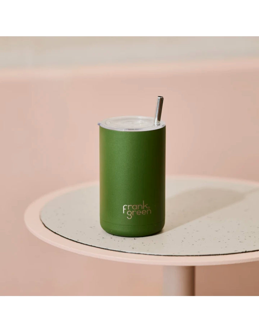 Frank Green iced coffee cup with straw in khaki color, reusable stainless steel tumbler for hot and cold beverages
