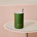 Frank Green iced coffee cup with straw in khaki color, reusable stainless steel tumbler for hot and cold beverages
