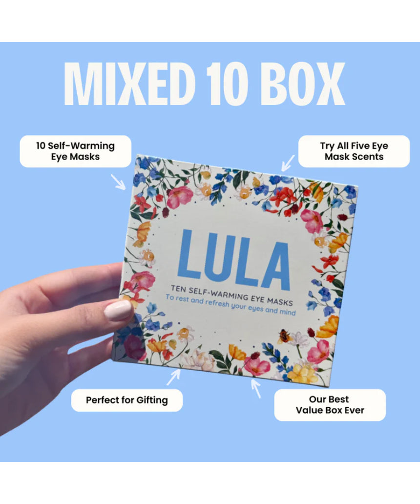 Set of 10 Lula self-warming eye masks in a mixed pack, designed for soothing and relaxing eye comfort.