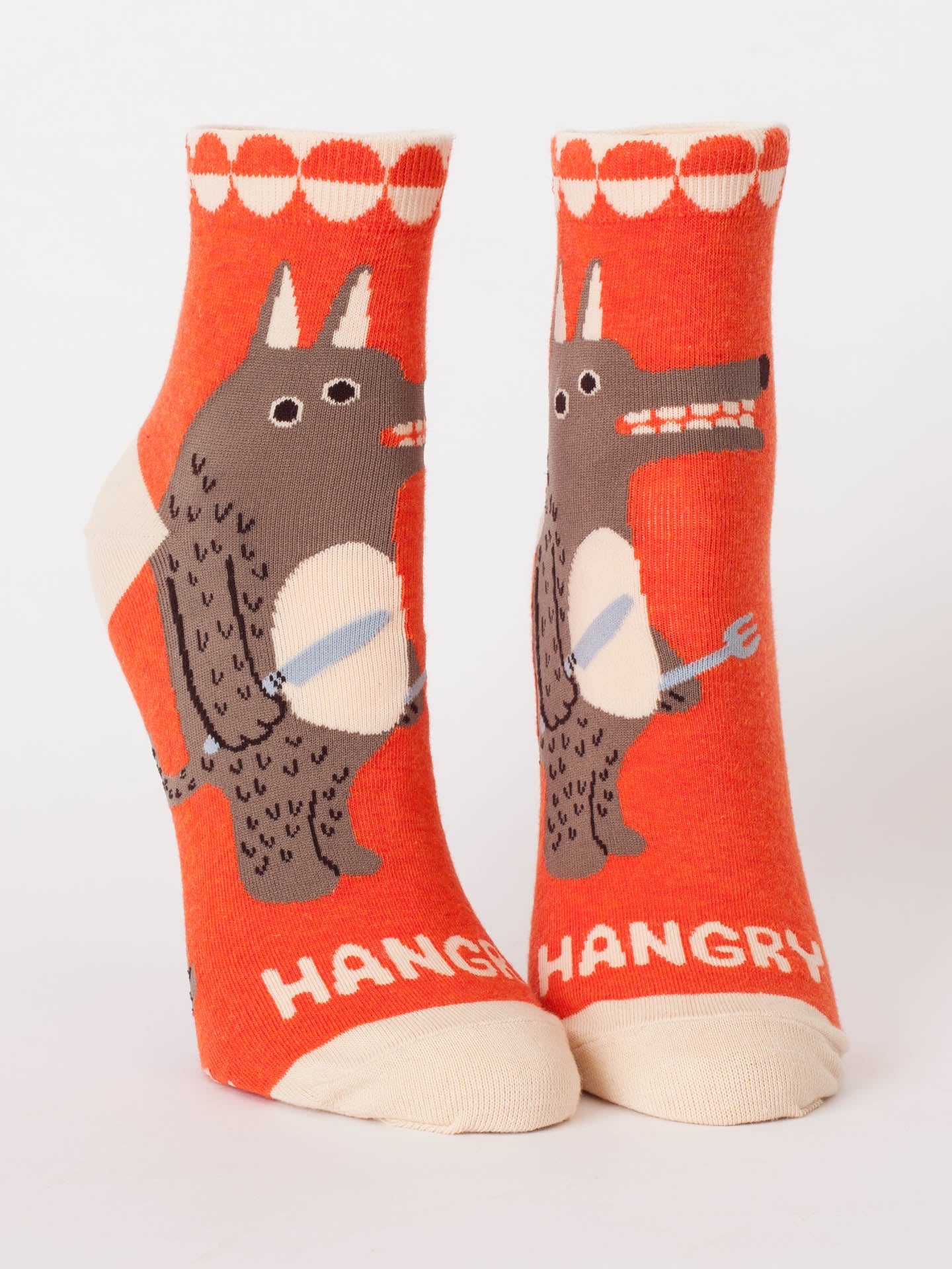 Blue Q Hangry ankle socks featuring vibrant blue fabric with playful, humorous design visible in the image.