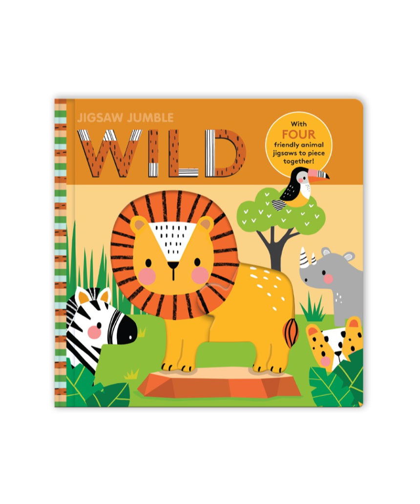 Jigsaw Jumble Wild puzzle by Brumby Sunstate featuring colorful animal illustrations and vibrant jungle scenery.