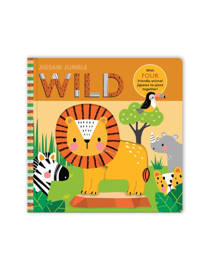 Jigsaw Jumble Wild puzzle by Brumby Sunstate featuring colorful animal illustrations and vibrant jungle scenery.