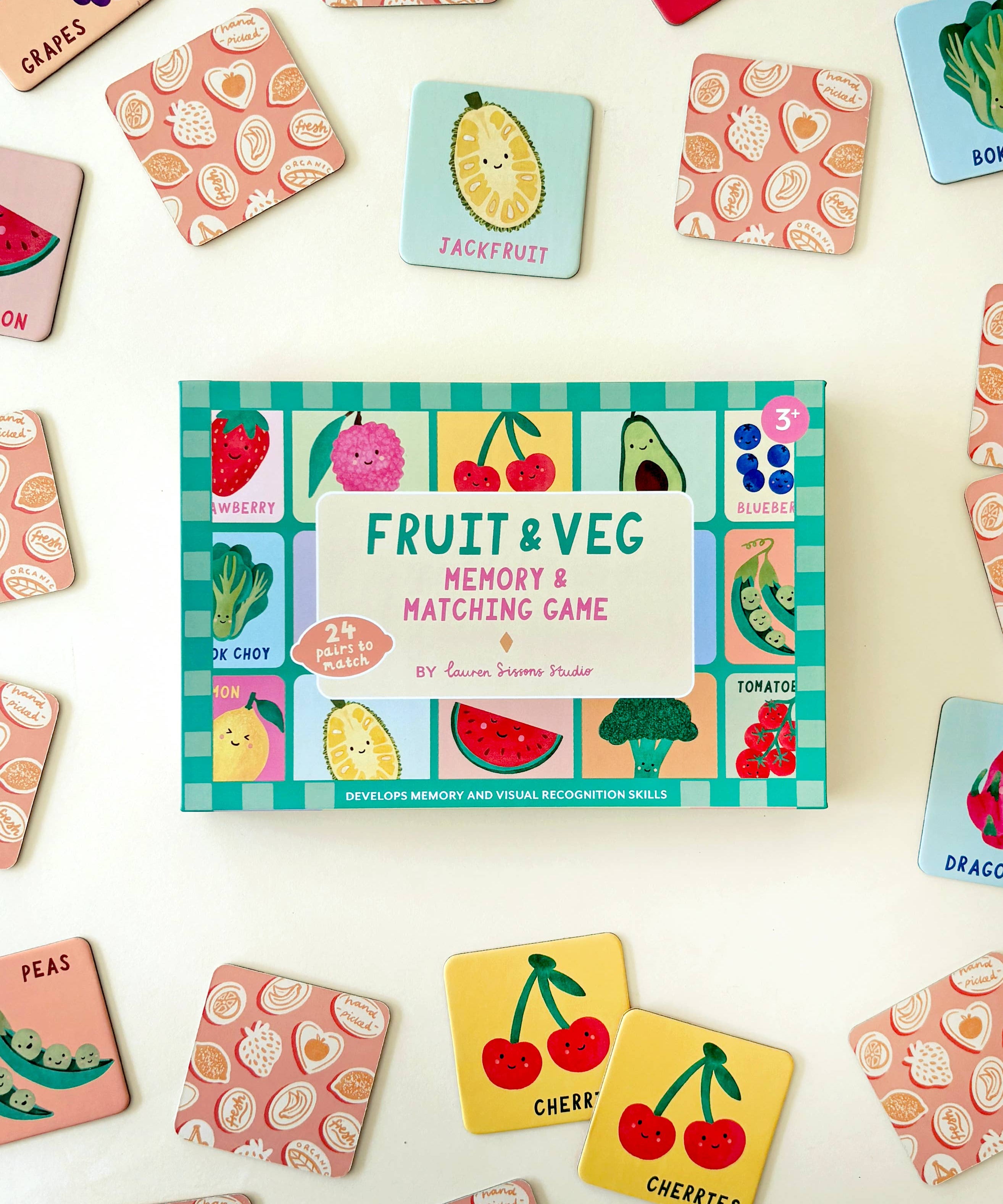 Lauren Sissons Studio fruit and vegetable memory and matching game with colorful illustrated cards for children.