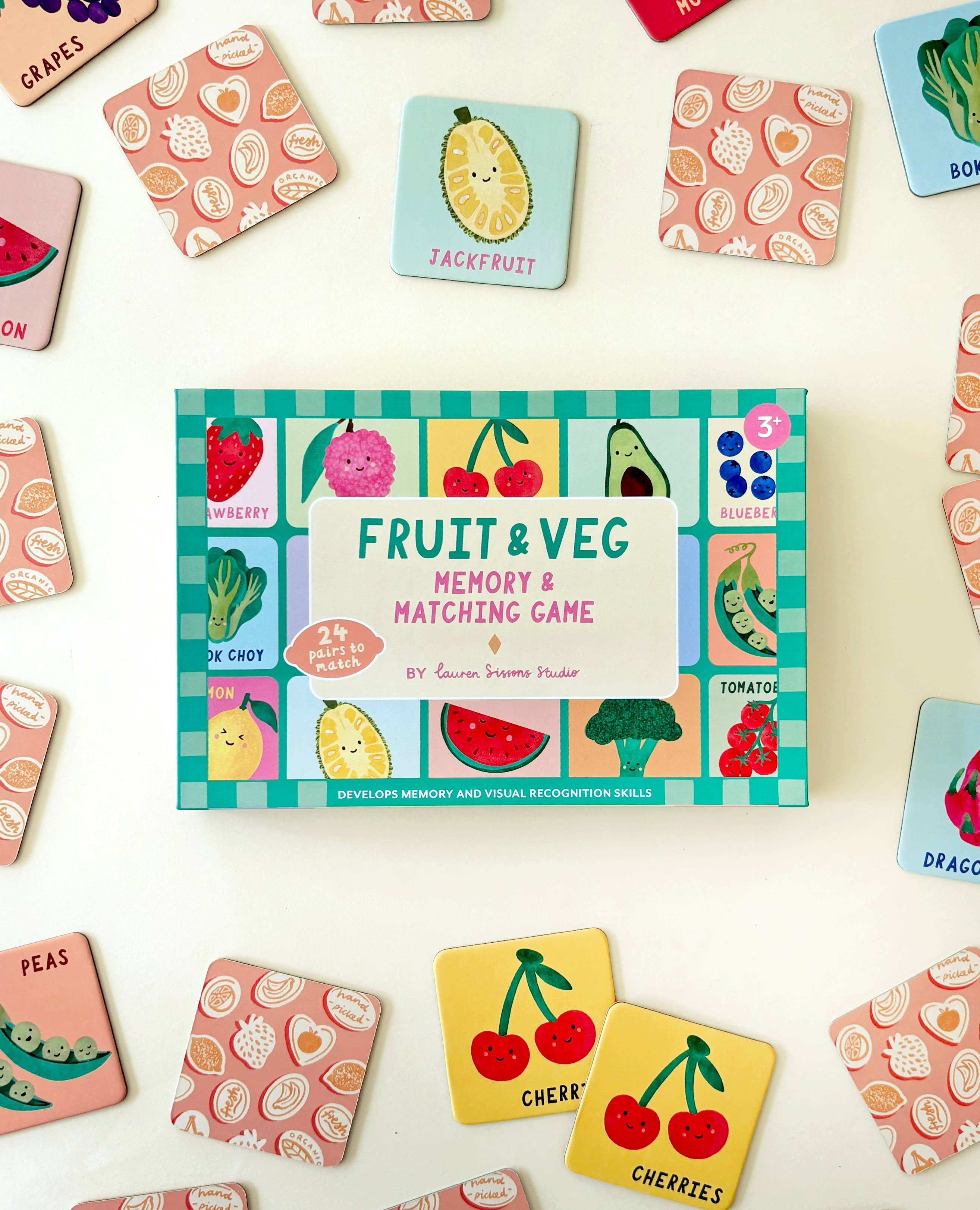 Lauren Sissons Studio fruit and vegetable memory and matching game with colorful illustrated cards for children.