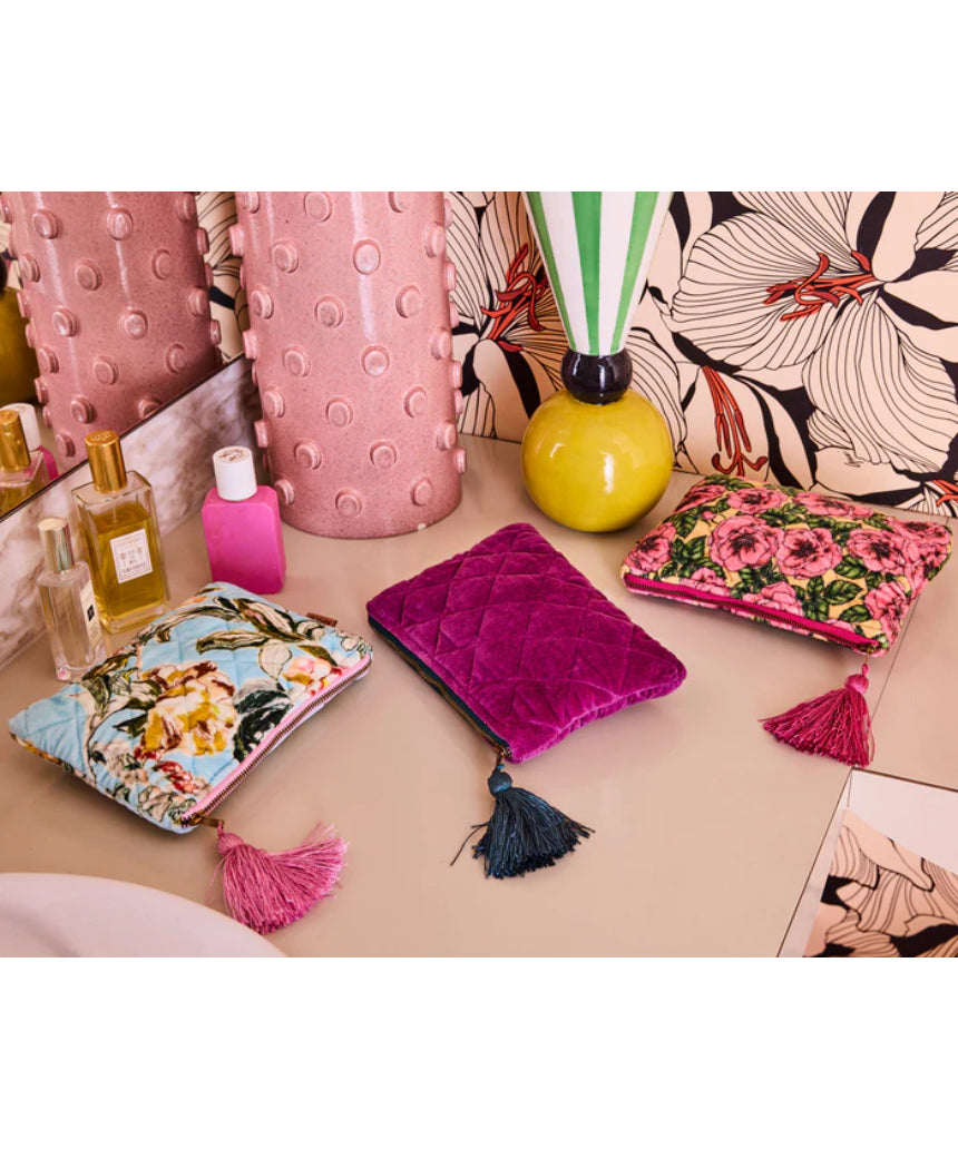 Kip & Co Golden Peony velvet cosmetics purse, stylish toiletry bag with soft velvet fabric and floral peony design for makeup storage