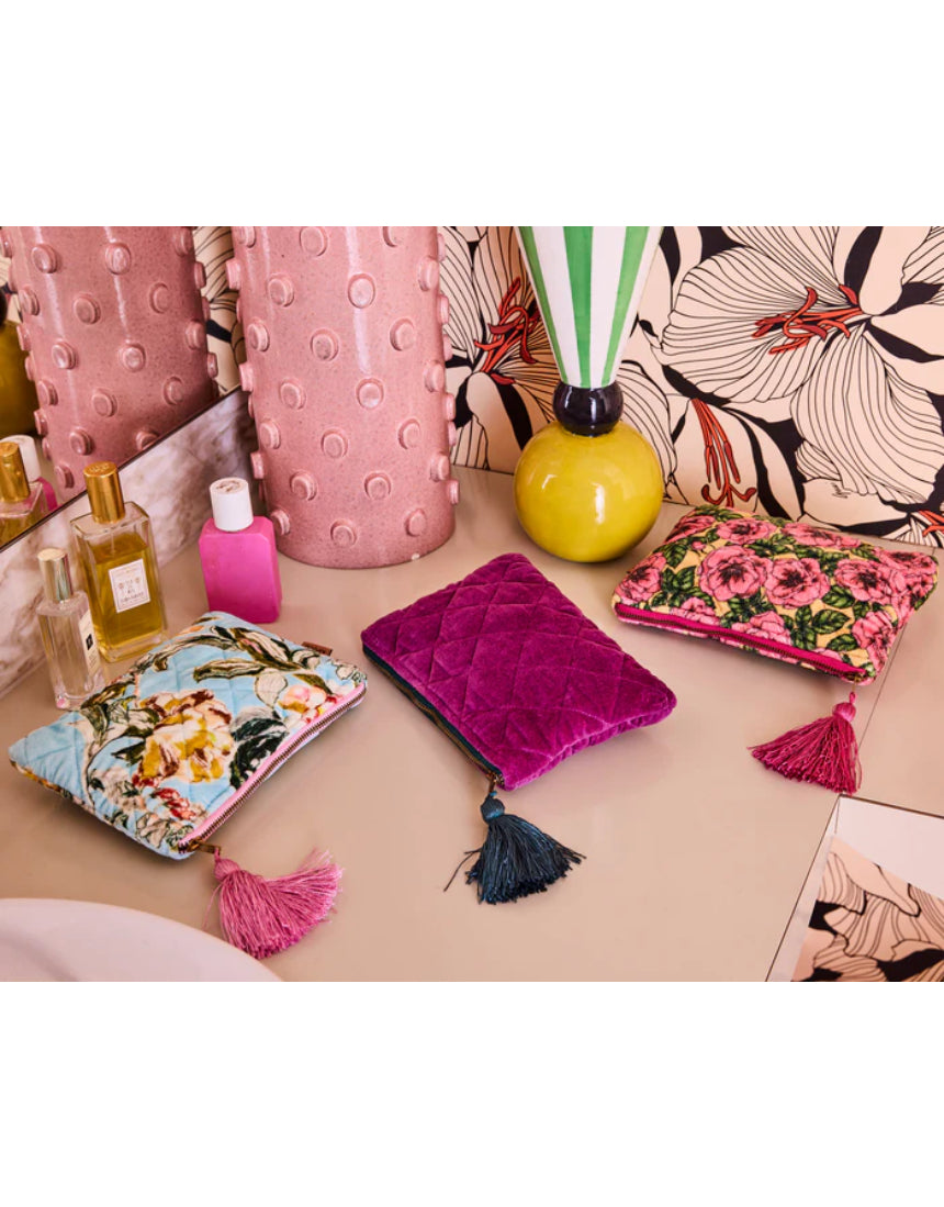 Kip & Co Golden Peony velvet cosmetics purse, stylish toiletry bag with soft velvet fabric and floral peony design for makeup storage