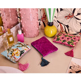 Kip & Co Golden Peony velvet cosmetics purse, stylish toiletry bag with soft velvet fabric and floral peony design for makeup storage