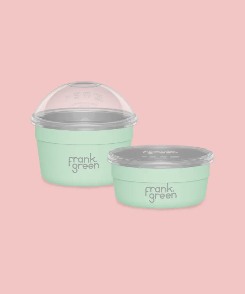 Frank Green Duo Pack To Go Bowl with stainless steel lid and colorful silicone sleeve for hot and cold beverages.