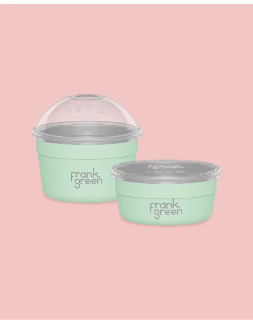 Frank Green Duo Pack To Go Bowl with stainless steel lid and colorful silicone sleeve for hot and cold beverages.