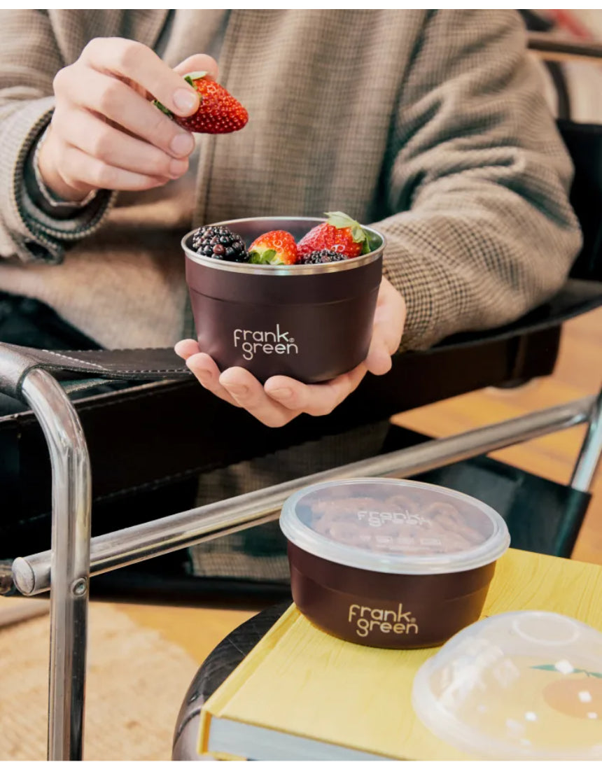 Frank Green Duo Pack To Go Bowl with stainless steel lid and colorful reusable bowls for snacks or meals.