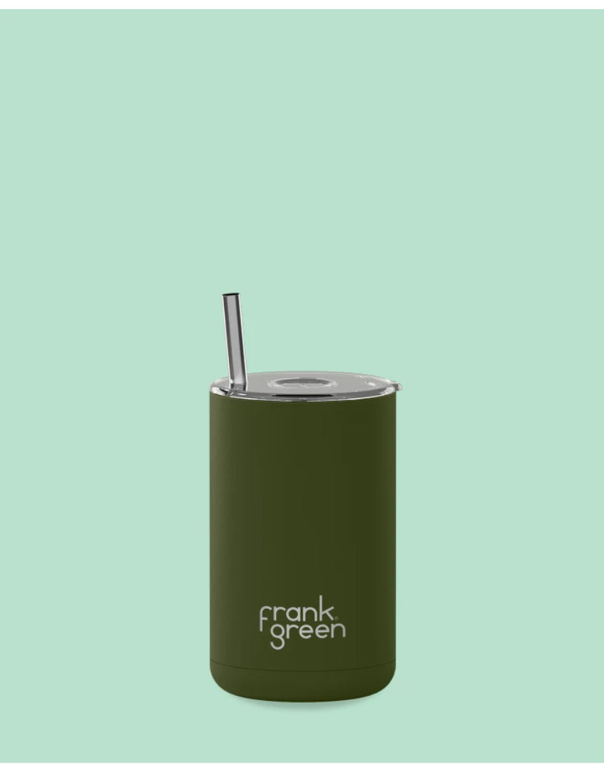 Frank Green iced coffee cup with straw in khaki color, featuring a sleek design and spill-proof lid on a white background.