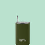 Frank Green iced coffee cup with straw in khaki color, featuring a sleek design and spill-proof lid on a white background.