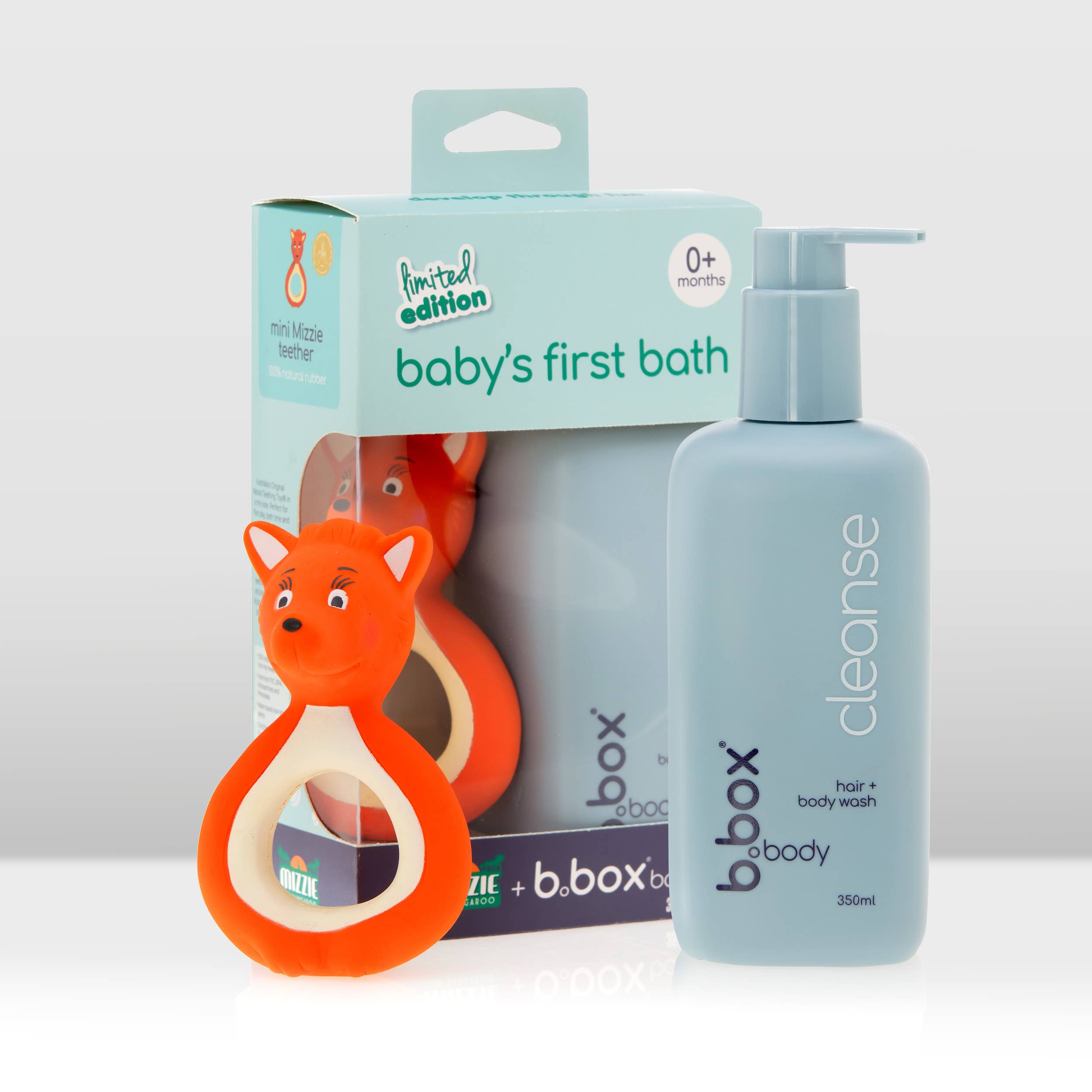 Mizzie the Kangaroo Baby’s First Bath Set featuring a plush toy, gentle bath accessories, and soft towels for infants.