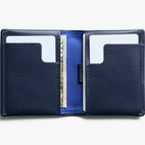 Bellroy Slim Sleeve wallet in navy showing sleek leather design with card slots and minimalistic style.