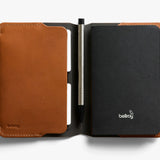 Bellroy caramel leather notebook cover showing smooth texture and sleek design, with visible stitching and a compact shape.