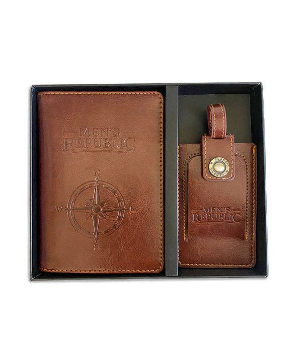 Men's Republic travel wallet and luggage tag set with sleek leather design, ideal for organizing travel essentials.